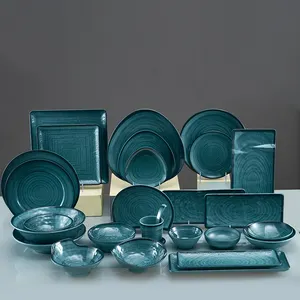 Vente en gros de vaisselle en mélamine en plastique personnalisée, ensembles de vaisselle design doré, service de table, assiettes de restaurant, assiettes de sushi