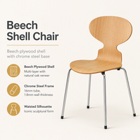 Chaise de style Ant, coque en contreplaqué de hêtre, structure en acier chromé, chaise empilable pour restaurant