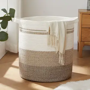 2023 New Style Woven Cotton Rope Storage Basket Laundry Basket For Blankets Toys Storage Basket With Handle