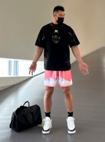 Celana pendek basket tiga titik uniseks, kustom longgar sesuai tali serut bernapas cetak Amerika