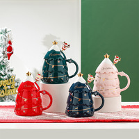 Mug isotherme en céramique avec couvercle motif arbre de Noël, bonhomme de pain d'épices, elfe et bonnet de Père Noël, pour filles, tasses créatives, Joyeux Noël