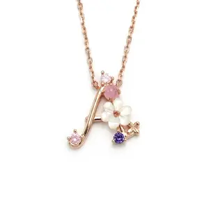 Colored Stone jewelry S925 sterling silver Crystal Cubic Zircon flower shaped shell Initial letter A-Z Alphabet necklace