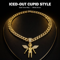 Collier Pendentif Bébé Ange Sertie de Zircons, Chaîne Cubaine Plaqué Or Entièrement Pavée de Zircons, Bijoux Hip Hop Bling pour Unisexe