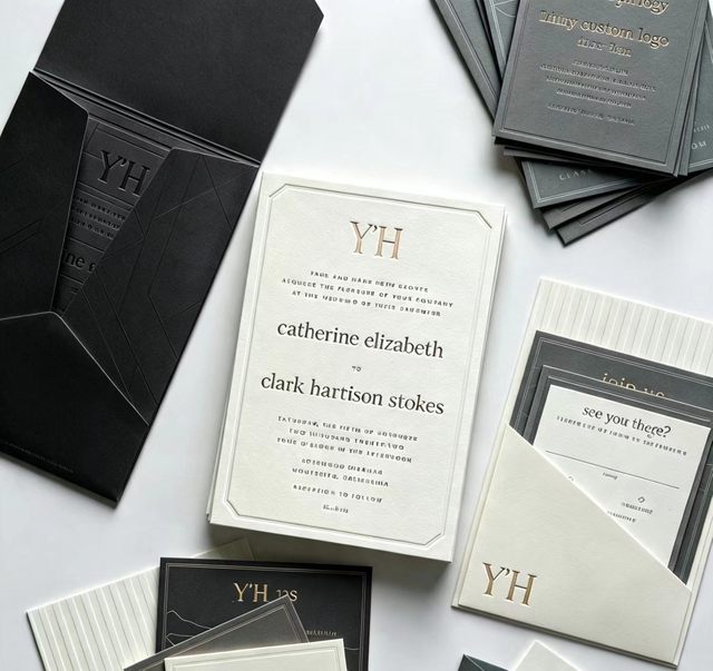 Custom Letterpress Cardboard Wedding Invitation Suite Embossed Hot Stamping Card Set Envelope RSVP Card Custom Logo Wedding