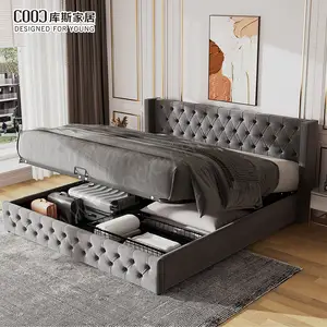 Luxury Modern Full King Queen Size Bed Frame with Storage Upholstered Double Bed with Storage