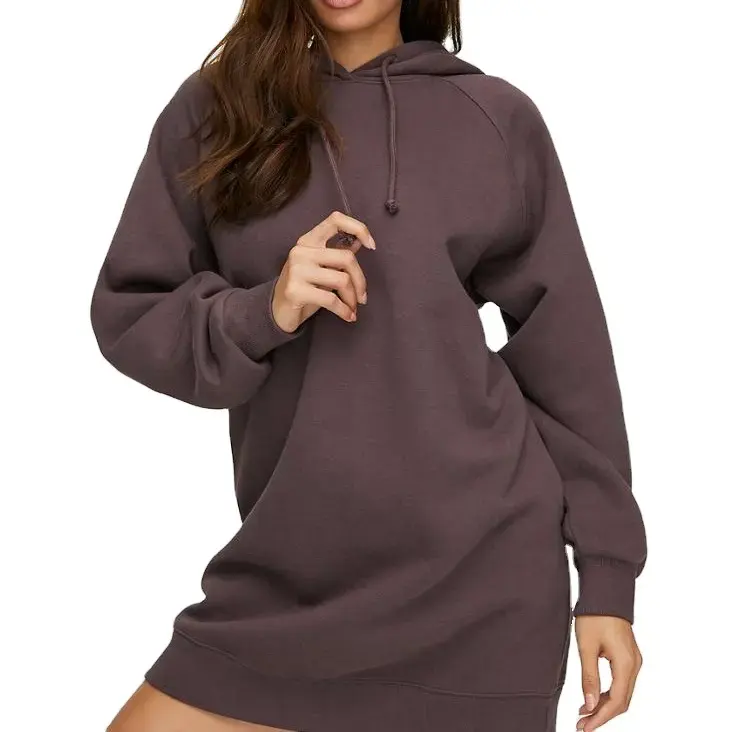 380 Gsm french terry sweatshirt dress plain casual raglan sleeve brown oversized long hoodie women