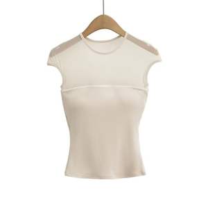 Camisetas de Manga Corta con Cuello Redondo de Encaje para Mujer, Diseño Transparente con Parches, Top Ajustado con Relleno - Product Image 2
