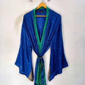 Robe en soie longue jusqu'aux chevilles, robe multicolores, robe de nuit, robe indienne vintage en soie recyclée, kimono en sari - Product Image 1
