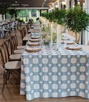 Nappe rectangulaire de luxe personnalisée à motif imprimé, 120 pouces, en poly-lin, pour mariage et fête d'anniversaire, vente en gros à faible MOQ