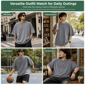 Camiseta de hombre de verano, estilo retro, de algodón lavado, corte holgado, manga murciélago, 310G, peso pesado, ajuste holgado, estilo urbano, proveedor OEM, top. - Product Image 4