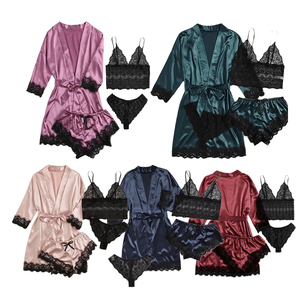 Luxury Silk <strong>Satin</strong> Pajamas Women Set 4pcs <strong>Lace</strong> Bridal <strong>Robe</strong> Sleeping Dress Silk Pajama Set For Women Sleepwear Sexy - Product Image 1