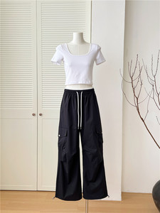 Pantaloni <span class=keywords><strong>Cargo</strong></span> blu da <span class=keywords><strong>donna</strong></span> 2025 estivi sottili stile americano sport paracadutista ad asciugatura rapida Casual pantaloni elasticizzati vita alta a metà piatto - Product Image 6