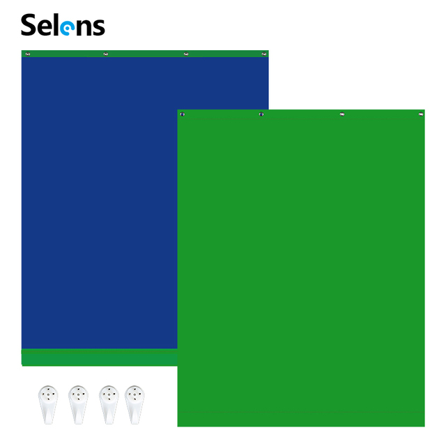 Selens 150x200cm Green Blue Screen 2 in 1 Curtain Backdrop 59x78inches Photography Collapsible Chroma Key Background With Hooks