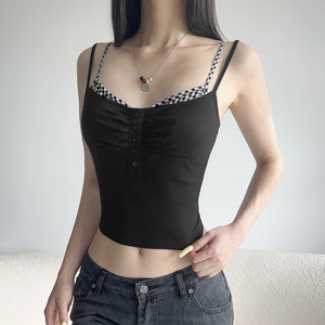 Sexy Clubwear Colorblock Gingham Patchwork <b>Camisole</b> <b>Top</b> Women Faux Two Piece Ruched Button Front Spaghetti Strap Crop <b>Top</b> - Product Image 1