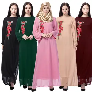 3776 도매 이슬람 여성 쉬폰 드레스 Abaya 중동 자수 긴 소매 맥시 드레스