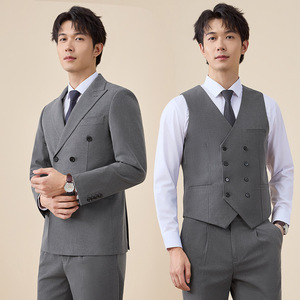 Groom Suit Men Double Breasted Gray Formal Wedding Wear Vest Set Polyester Worsteds - Product Image 1