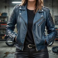 Veste de motard coupe-vent en cuir de veau noir personnalisée BS International, col mandarin, devant en toile 100% imperméable, unisexe