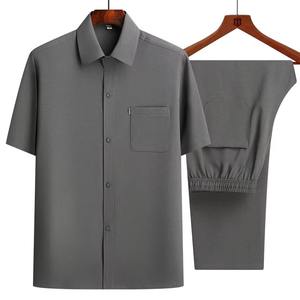Camicia a maniche corte da uomo + pantaloni lunghi vestiti estivi con bottone con risvolto tinta unita 2 pezzi Set Casual da uomo traspirante - Product Image 1