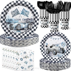 Juego de Vajilla para Fiesta Temática de Carreras, Platos, Vasos y Servilletas de Papel, 60-80 Piezas, Decoraciones de Cumpleaños, Ecológicas, Redondas, Digitales - Product Image 1