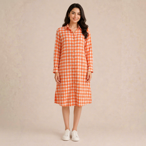 Robe décontractée en lin à carreaux pour femmes, longueur genou, coupe ample, manches longues, col rabattu, tenue d'automne - Product Image 1