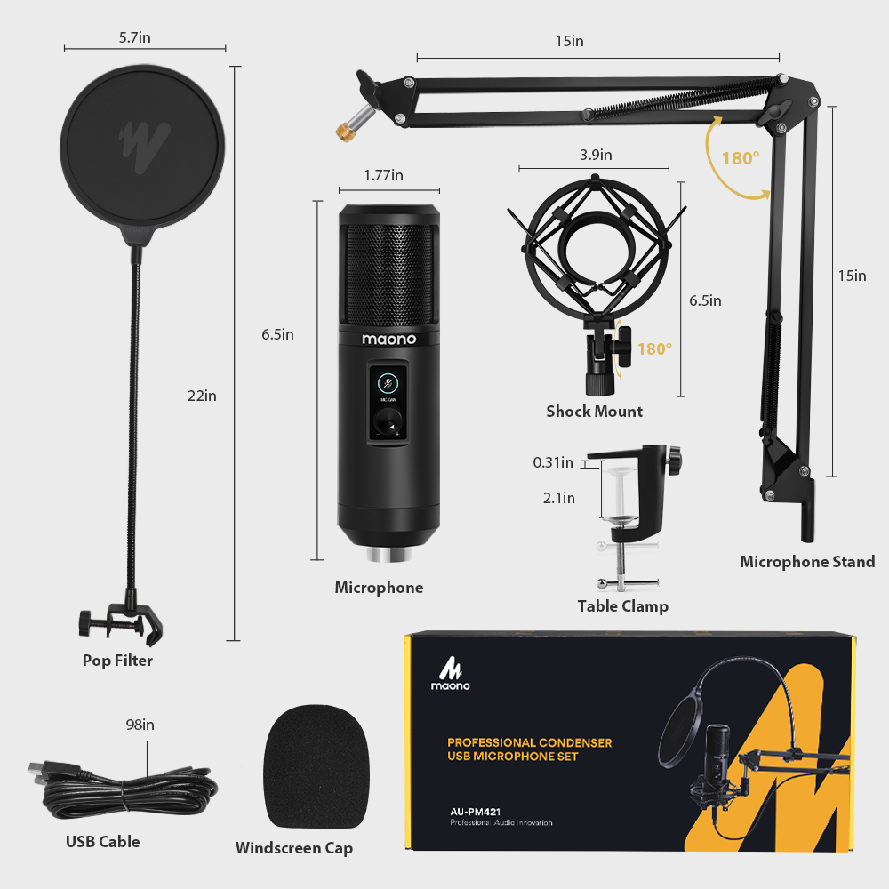 MAONO Professionnel USB Micro Studio Micro avec Micro Bouton de Gain et Un Touche Sourdine