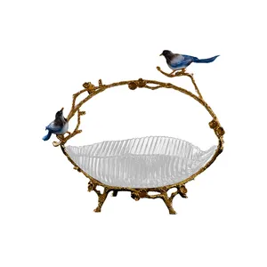 Factory supply crystal handmade handicraft exquisite brass bird handle decorative fruit bowl basket food and vegetables holder