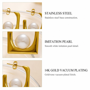 Boucles d'oreilles clous géométriques en acier inoxydable plaqué or 14 carats sous vide, imitation perle carrée ouverte - Product Image 2