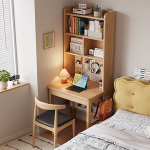 <b>Mini</b> Solid Wood <b>Desk</b> With Bookshelf Integrated Study Table For Home Bedroom Computer Use Rubberwood Minimalist Modern Style - Product Image 3