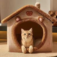 OEM/ODM, Lit pour chat en forme de maison d'ours mignon, Niche pour chat en peluche chaude et fermée, Abri de sommeil doux pour chats d'intérieur