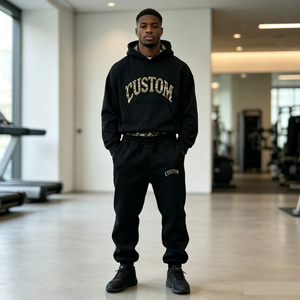 100% Cotton Vintage Mens <b>Tracksuit</b> Custom Letter Applique Logo Hoodie and Flare Sweatpants Two Piece Set Street Fashion Outfit - Product Image 6