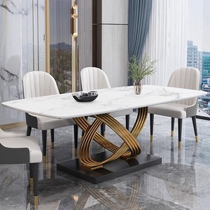 Modern Marble <strong>Dining</strong> Table and Chair <strong>Set</strong> with Stainless Steel Base Square Shape 6-Seater Home Furniture - Product Image 3