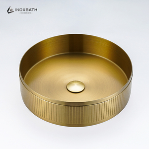 Lavabo da Appoggio Rotondo con Motivo a Righe in Acciaio Inox 304 Dorato per Casa, Hotel, Ristorante, Bagno - Product Image 4