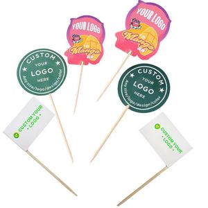 Drapeaux miniatures personnalisés en papier imprimé avec logo, en bois ou bambou, pour sandwichs, gâteaux et aliments - Product Image 1
