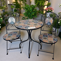 Ensemble de chaises pliantes en métal d'extérieur avec table en mosaïque de ciment, mobilier de jardin en fer forgé antirouille pour patio, cour