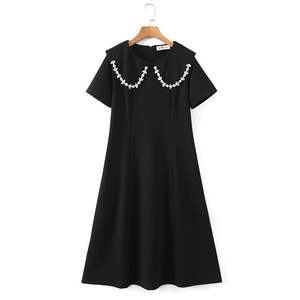 Robe en satin noir à manches courtes pour femmes grandes tailles, col Peter Pan, ornée de strass, style vintage, modèle N8391 - Product Image 5