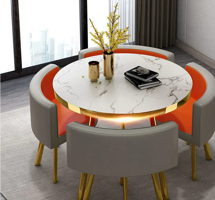 Juego de mesa de comedor dorada y nórdica, con cuatro sillas de madera, restaurante, comedor en casa, mesas redondas de mármol modernas de lujo