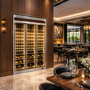 Armoire à vin moderne en acier inoxydable, vitrine à vin avec étagères inclinées et portes vitrées OEM/ODM - Product Image 4