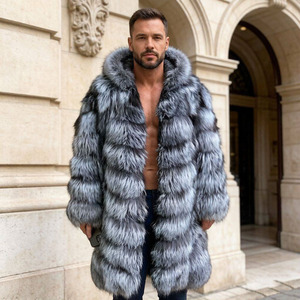 Cappotto in Vera <span class=keywords><strong>Pelliccia</strong></span> di Volpe Argentata Personalizzato con Cappuccio Lungo per <span class=keywords><strong>Uomo</strong></span>, Lussuoso e di Alta Qualità - Product Image 1