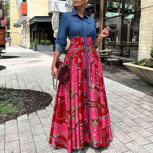 <span class=keywords><strong>Vestido</strong></span> Maxi Casual Largo de Primavera para Mujer, con Cuello Vaquero Elegante, Patrones Vintage de Retazos, Cintura Alta, Estilo Swing y Talla Grande - Product Image 3