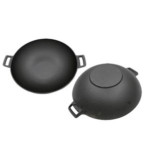 Wok chinois moderne <span class=keywords><strong>DEBIEN</strong></span> OEM de 5 L en fonte pré-culottée antiadhésive à fond plat avec double poignée, compatible gaz et induction - Product Image 1