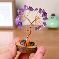 Árbol del dinero de la suerte de cristal natural al por mayor árbol de virutas de cristal con base de madera hecho a mano para Decoración