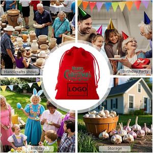 Sac à cordon en velours imprimé avec logo personnalisé, très vendu, réutilisable pour les fêtes de Noël et les bonbons - Product Image 3