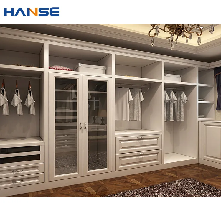 Modern wooden built in closets system furniture design custom white oak wood walk in wardrobe closet for home hotel project