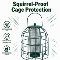 Mangeoire à oiseaux double cage verte avec cage à graines centrale en maille, grande poignée de suspension, couvercle en dôme et présentoir de jardin superposé