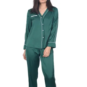 Популярная модель домашнего пижамного костюма, Осень-зима, женские пижамы, брюки с длинным рукавом, Зеленая атласная одежда для сна для отдыха