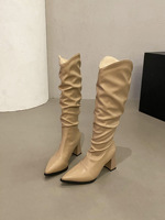 Bottes d'équitation longues plissées épaisses pour femmes, nouvelle collection Printemps-Automne 2025, style western, coupe ajustée, tige haute, bout pointu, semelle extérieure en caoutchouc antidérapante