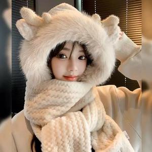 Winter Letters Antlers Jacquard Warm Hat Long Ear Protection Plush <span class=keywords><strong>Gloves</strong></span> Scarf Set Imitation Rabbit Fur Windproof Thickened - Product Image 1