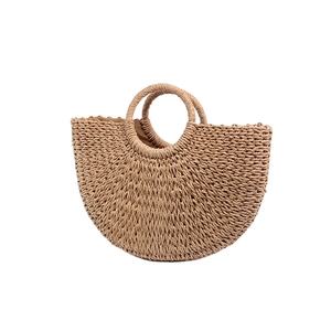 Damen Summer Beach Tote Half Moon Stroh Tasche <span class=keywords><strong>Hand</strong></span> gewebtes Rattan mit zwei Griffen Brief dekoration - Product Image 1
