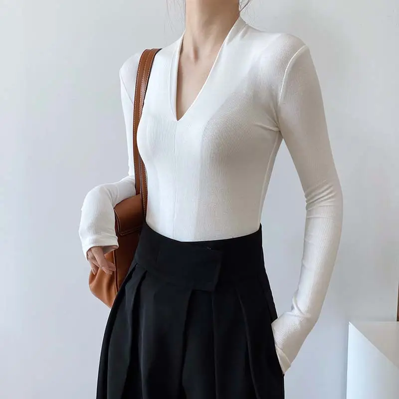 wholesale custom color lightweight ladies casual rib plain top t-shirts Simple Basic Top sweater female