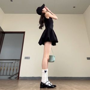 Black Spaghetti Strap Short Dress Tulip Skirt Natural Waist Pleated Casual Daily Wear Leisure Style - Product Image 3